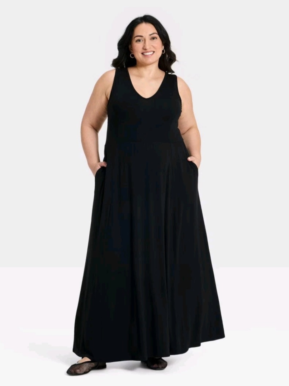 NWT Plus Size Black Maxi Dress Sleeveless V-Neck A-Line Pocket Dress 2X - Picture 2 of 5
